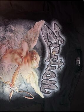 Black Graphic Tee with Cupid and 'Satisfaction' Crystal Script